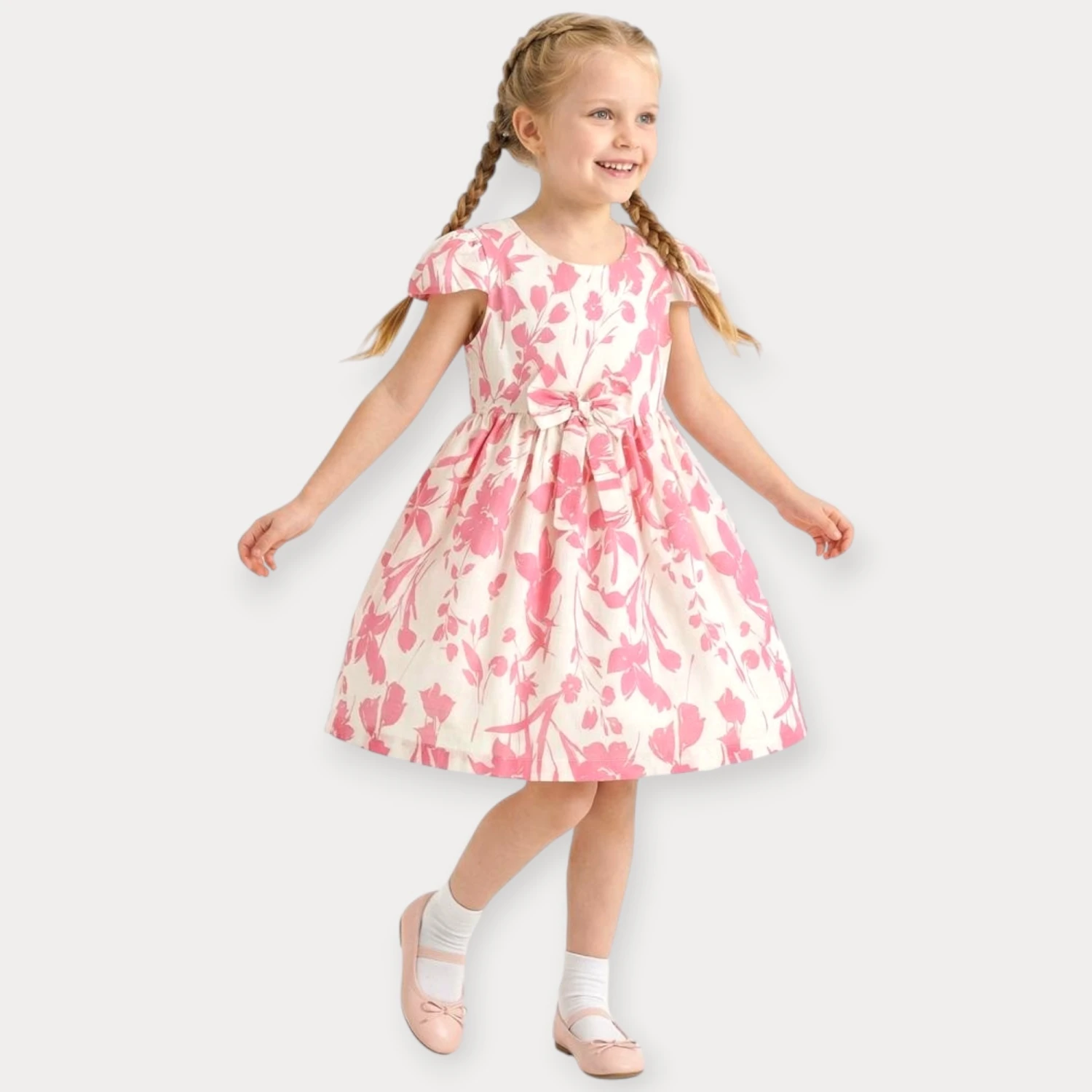 İSTASYON ÇİÇEK DESEN ROBADAN BÜZGÜLÜ FİYONKLU ELBİSE 6-9 Y.