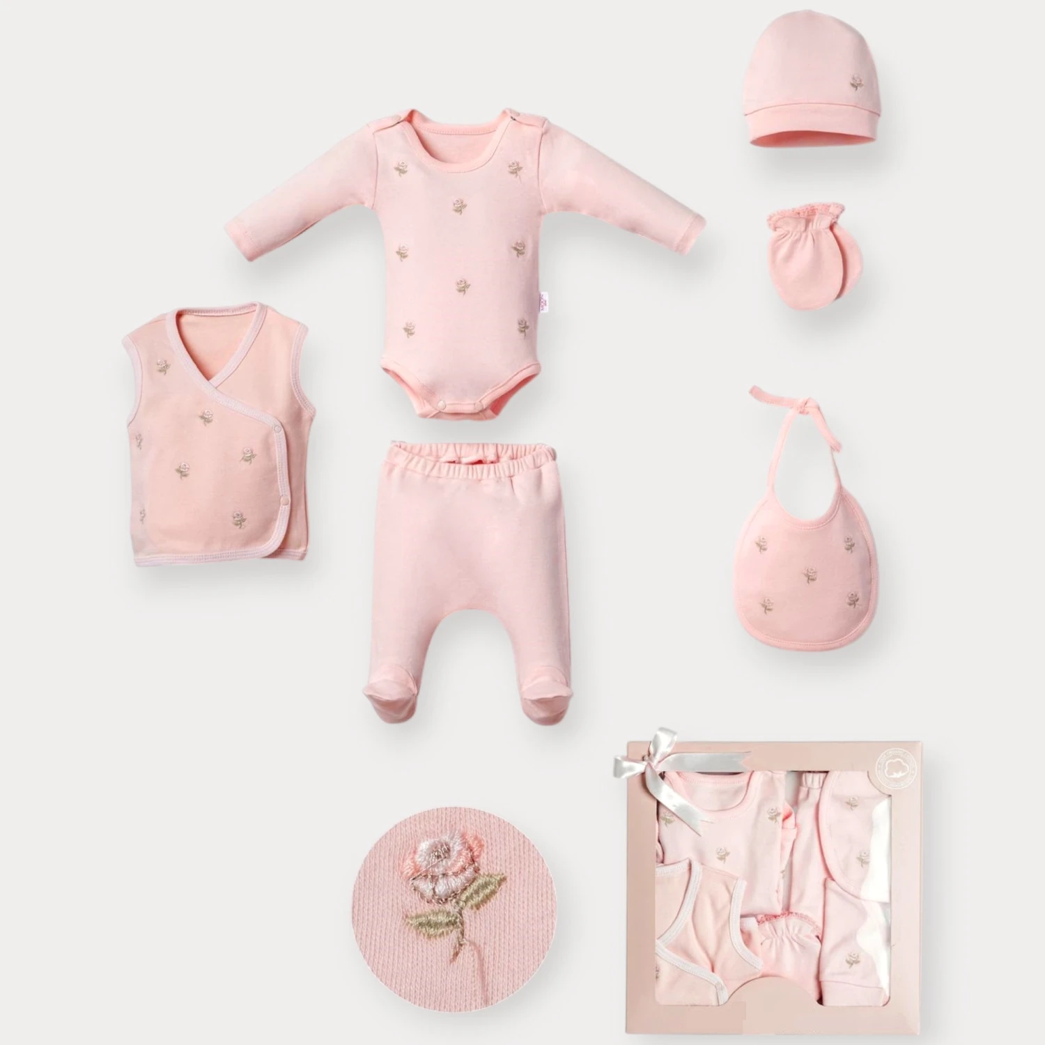 MOON STAR ÇİÇEK NAKIŞLI KIZ ALTILI SET 0-3 AY (KUTULU)