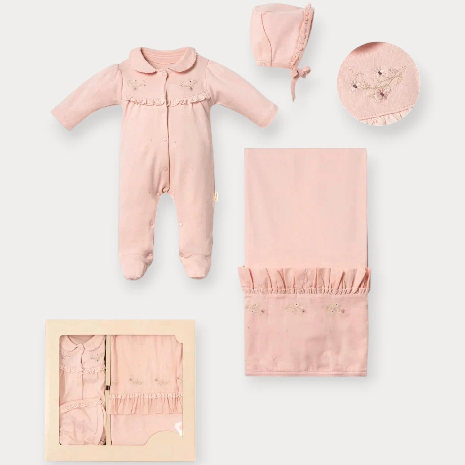 MOON STAR ÇİÇEK NAKIŞLI KIZ ÜÇLÜ SET 0-3 AY (KUTULU)