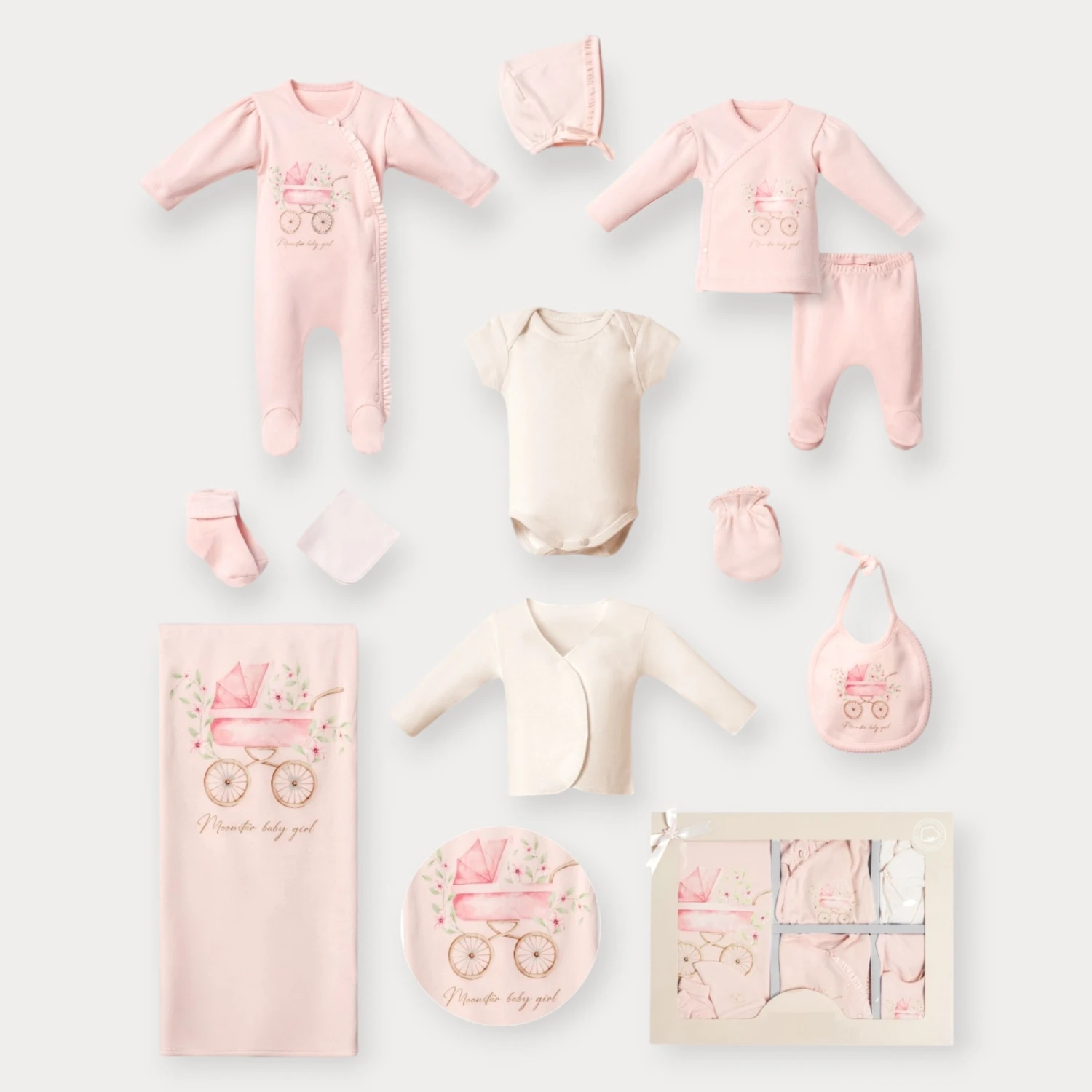 MOON STAR  ÇİÇEKLİ BEBEK ARABASI BASKILI ONBİRLİ SET (KUTULU)