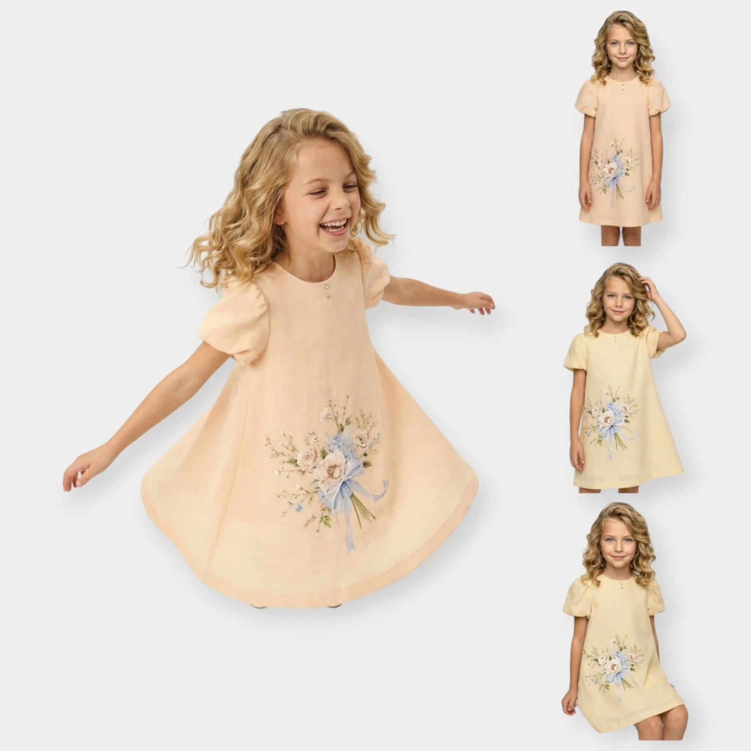 MOON STAR TAŞLI ÇİÇEK BASKILI KETEN ELBİSE 2-5 Y.