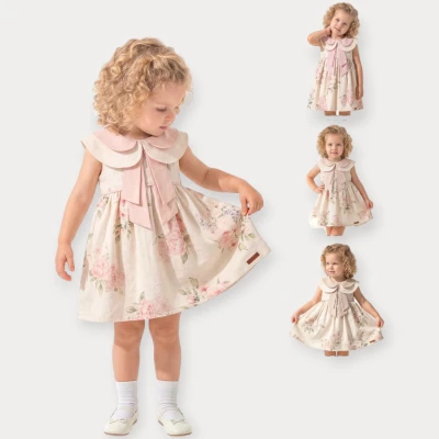 İSTASYON ÇİÇEK BASKILI ÇİFT BEBE YAKALI ELBİSE 2-5 Y.