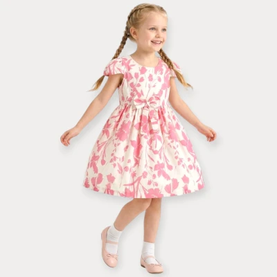 İSTASYON ÇİÇEK DESEN ROBADAN BÜZGÜLÜ FİYONKLU ELBİSE 6-9 Y.