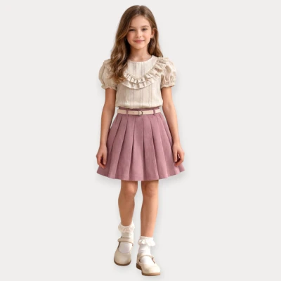 İSTASYON DANTELLİ FIRFIR YAKALI BLÜZLÜ İKİLİ KIZ TAKIM 6-9 Y.