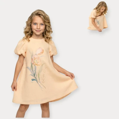 MOON STAR TAŞLI ÇİÇEK BASKILI KETEN ELBİSE 6-9 Y.